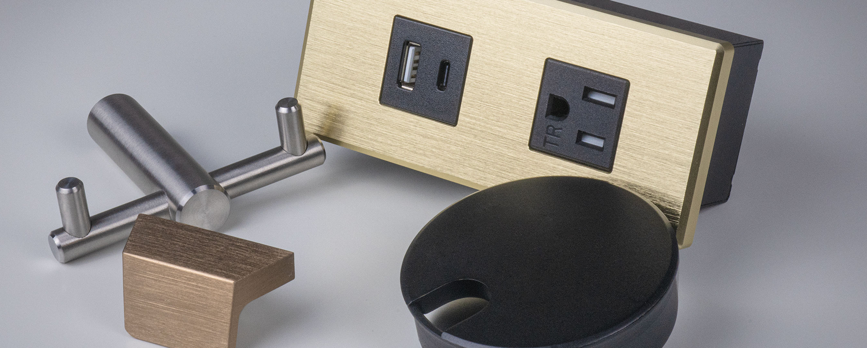 Mockett power and data module, table legs, and cable grommet